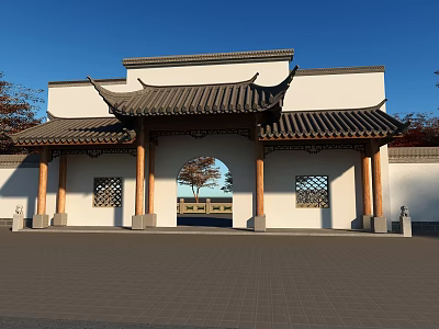 Traditional Chinese Entrance Gate With Classic Roof White Walls Wooden Pillars And Lattice Windows 3d model