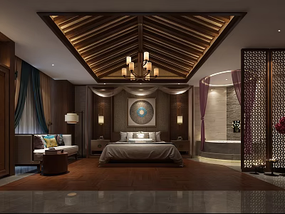 Traditional Chinese SPA Sauna Relaxation Space With Wooden Ceiling Chandelier And Bathtub 3d model
