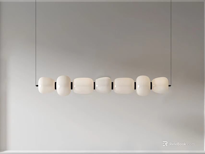 Modern Linear Pendant Light With White Lampshades Minimalist Design Hanging Against White Wall 3d model 