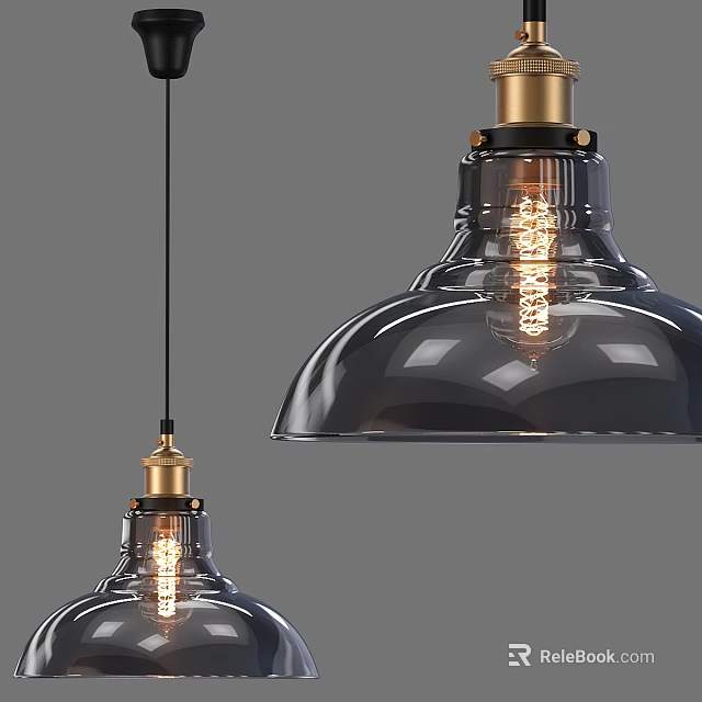 Modern Black Glass Pendant Lights With Brass Base And Spiral Filament Bulbs 3d model 