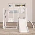 Kids Room Design With White Slide Set Arched Window White Curtains Wall Paintings And Carpet
