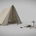 Canvas Camping Tent With Interior Bed Furniture And Wooden Poles Setup