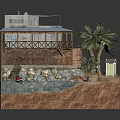 Cartoon Scene With Small House On Cliff Balcony Palm Trees Water Area And Small Boat