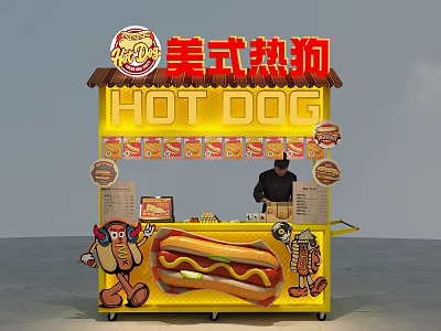 Yellow Mobile American Hot Dog Stand With Decorative Graphics And Vendor 3d model