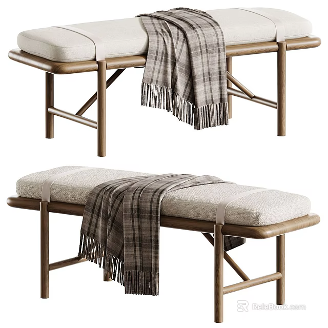 Stylish Wooden Bench With Padded Seat And Plaid Blanket Accent 3d model 