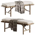 Stylish Wooden Bench With Padded Seat And Plaid Blanket Accent