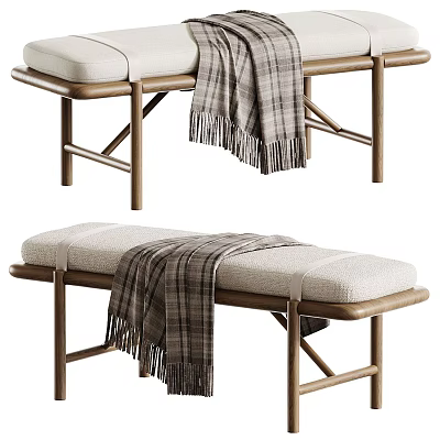 Stylish Wooden Bench With Padded Seat And Plaid Blanket Accent 3d model