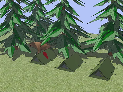 Three Green Tents Set In Forest With Pine Trees And Bear Nearby 3d model