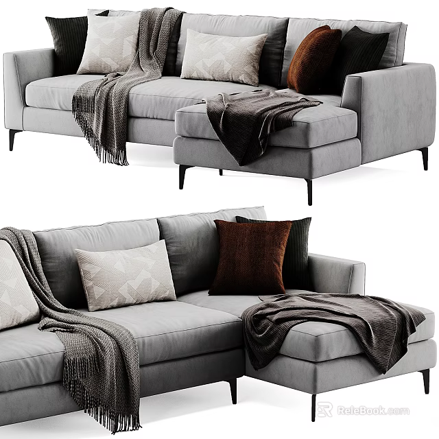 Modern Gray Fabric Sectional Sofa With Soft Throw Pillows And Cozy Blankets 3d model