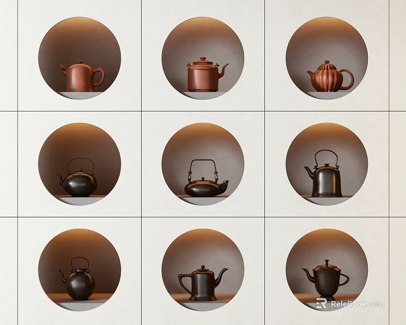 Elegant Teapots Arranged in Nine Grid Layout With Circular Display Frames 3d model 