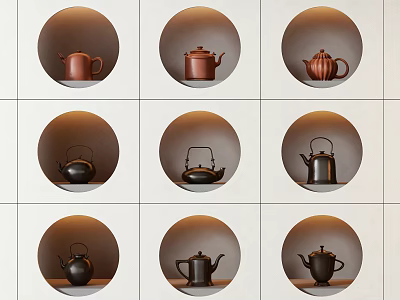Elegant Teapots Arranged in Nine Grid Layout With Circular Display Frames 3d model