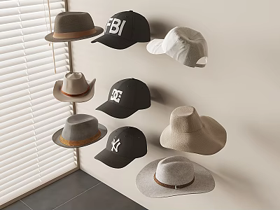 Various Style Hats Hanging On Light Colored Wall With Window Blinds And Brand Logos 3d model
