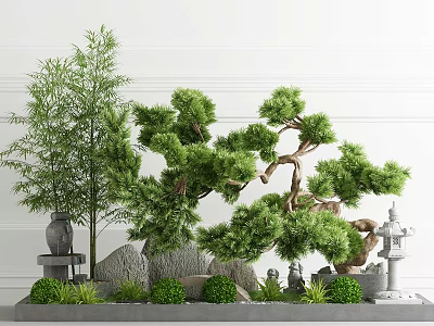 Garden Ornament With Miniature Pine Tree Bamboo Rocks And Stone Lantern 3d model