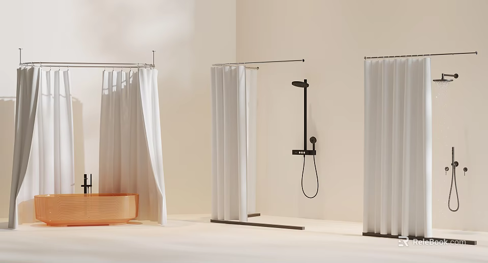 White Shower Curtains for Modern Bathroom with Clean Design and Shower Area 3d model 