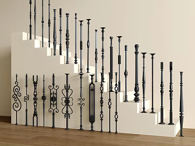 Black Iron Decorative Balusters With Various Designs On White Staircase And Wooden Floor 3d model