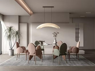 Qui Ji Restaurant Dining Table and Chair Combination Chandelier Green Plant Potted Vase Ornaments Carpet 3d model