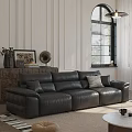 Black Leather Three Seater Sofa with Cushions in Living Room Wall Paneling and Window Curtains