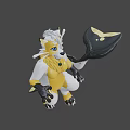 Animated Game Movie Character With Yellow White Fur Blue Eyes Green Collar And Black Paws