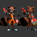 Anthropomorphic Raccoon Characters Standing With Red Cannons And Orange Blue Outfits