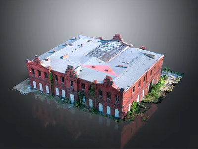 Abandoned Red Brick Industrial Building With Old Damaged Roof And Overgrown Vegetation 3d model