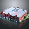 Abandoned Red Brick Industrial Building With Old Damaged Roof And Overgrown Vegetation
