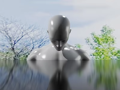 Silver Human Head Sculpture with Tree Background and Water Reflection View 3d model