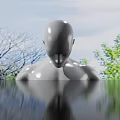 Silver Human Head Sculpture with Tree Background and Water Reflection View 3d model