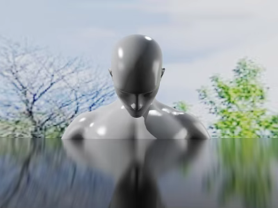 Silver Human Head Sculpture with Tree Background and Water Reflection View 3d model Silver Human Head Sculpture with Tree Background and Water Reflection View 3d model