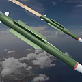 Green Missiles Flying In Blue Sky With Trailing Smoke And Clouds Over Ground