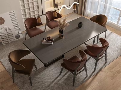 Modern Dining Table Set With Dark Gray Tabletop And Six Brown Chairs On Area Rug 3d model