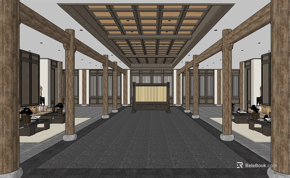 Traditional Hotel Lobby With Wooden Beams Columns Decorative Screen And Dark Floor 3d model 