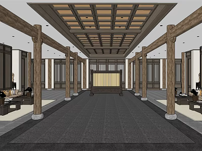 Traditional Hotel Lobby With Wooden Beams Columns Decorative Screen And Dark Floor 3d model
