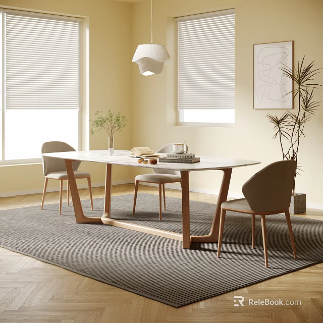 Modern Restaurant Interior With Dining Table Chairs Window Blinds And Area Rug 3d model