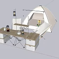 Spacious Camping Tent On Green Grass With Wooden Table Storage Boxes Lantern And Coffee Maker 3d model