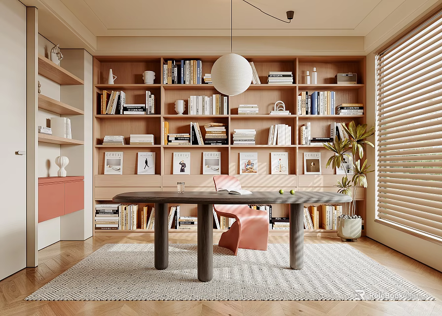 Cozy Home Study Room With Wooden Bookshelves Books Framed Photos Pink Chair And Pendant Light 3d model 