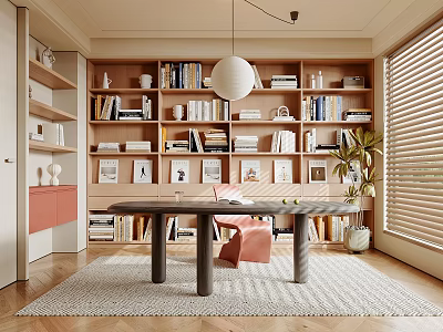 Cozy Home Study Room With Wooden Bookshelves Books Framed Photos Pink Chair And Pendant Light 3d model