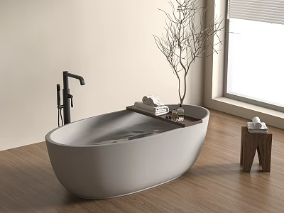 White Freestanding Bathtub With Wooden Tray Towels Decorative Branch And Natural Light In Light Bathroom 3d model