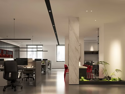 Modern Public Office Space With Workstations Ergonomic Chairs Green Plants And Pendant Lights 3d model