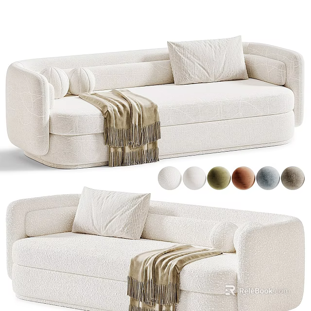 Modern Curved Cream White Boucle Two Seater Sofa With Plush Pillows And Soft Throw Blanket 3d model 