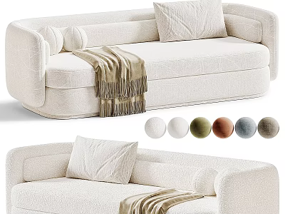 Modern Curved Cream White Boucle Two Seater Sofa With Plush Pillows And Soft Throw Blanket 3d model