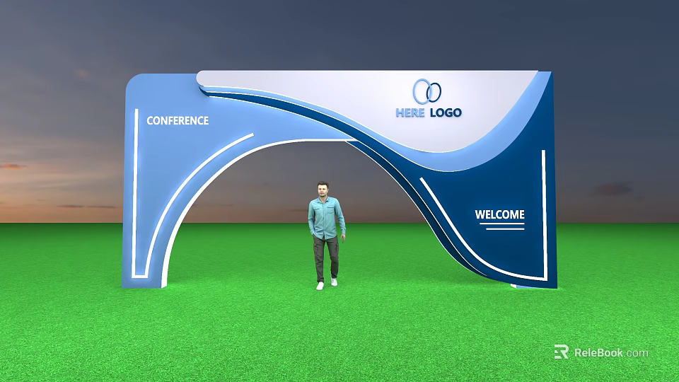Blue White Arched Conference Entrance With Welcome Text Logo And Green Grass 3d model 