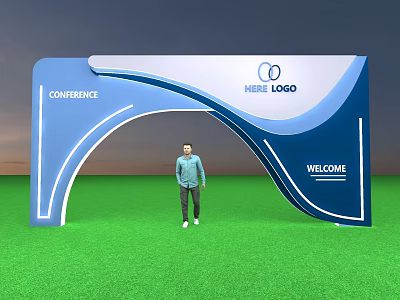 Blue White Arched Conference Entrance With Welcome Text Logo And Green Grass 3d model