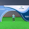Blue White Arched Conference Entrance With Welcome Text Logo And Green Grass