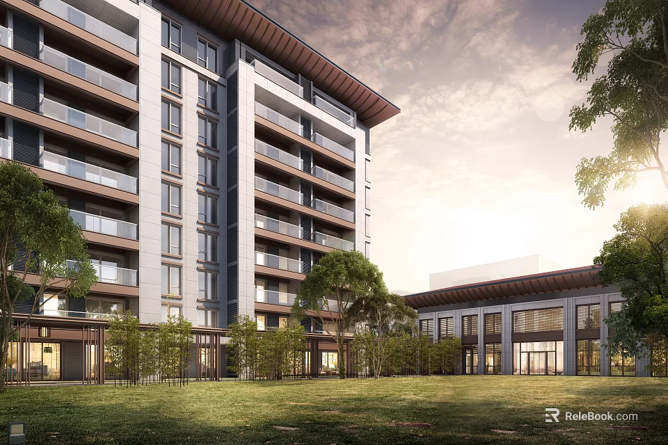 Modern Multistory Residential Building With Balconies Green Lawn And Trees 3d model 