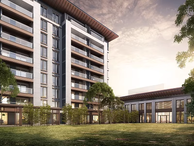 Modern Multistory Residential Building With Balconies Green Lawn And Trees 3d model