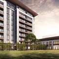 Modern Multistory Residential Building With Balconies Green Lawn And Trees