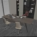 Contemporary Office Desk With Two White Chairs Laptop Documents Bookshelves Red Chair And Window Blinds
