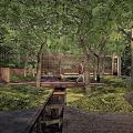 Wooden Garden Walls In Serene Landscape With Trees Lawn And Stone Pathway