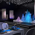 Elegant Event Venue With Starry Ceiling Mountain Shaped Decor Calligraphy Scrolls Blue Floral Dining Setup