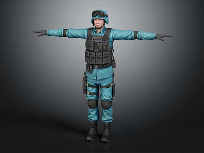 A Man In Blue Uniform With Black Tactical Vest And Goggles Arms Outstretched 3d model